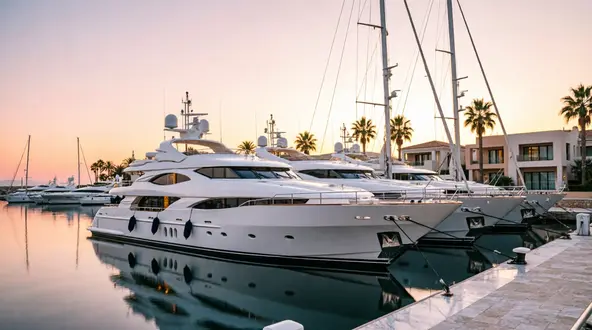 Elitäre Marina mit Luxusyachten im goldenen Abendlicht
