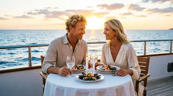 Elegantes Paar bei einem Dinner auf der Yacht mit Meerblick