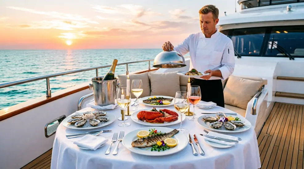 I exquisite Servertierung und Gourmet-Dinner auf dem Deck einer Yacht