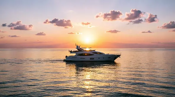 Sonnenuntergang über dem Mittelmeer mit Yacht-Silhouette